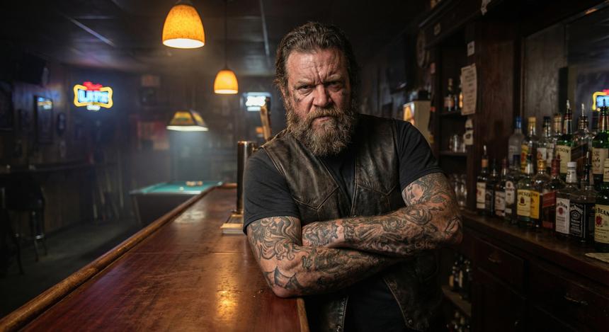 Вот что Nano Banana Pro сгенерировала по простому запросу «хмурый татуированный бармен опирается о стойку в байкерском баре»