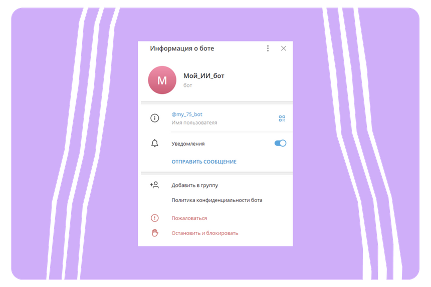 Вот как должен выглядеть готовый бот. При желании можно сделать ему аватарку.